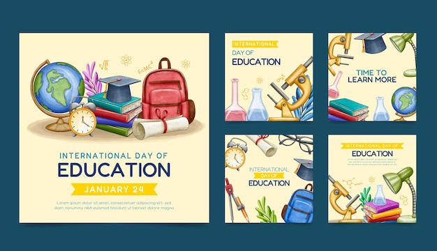 Watercolor instagram posts collection for international day of education celebration