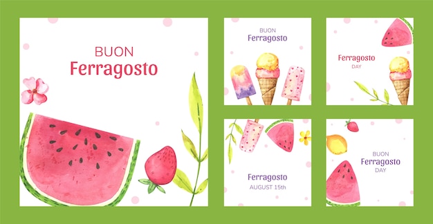 Free vector watercolor instagram posts collection for italian ferragosto celebration