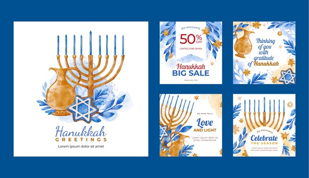 Коллекция акварельных постов в instagram к еврейскому празднику Ханука