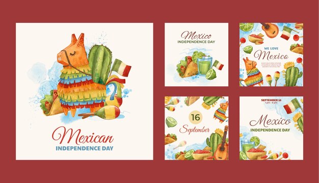 Free vector watercolor instagram posts collection for mexico independence celebration