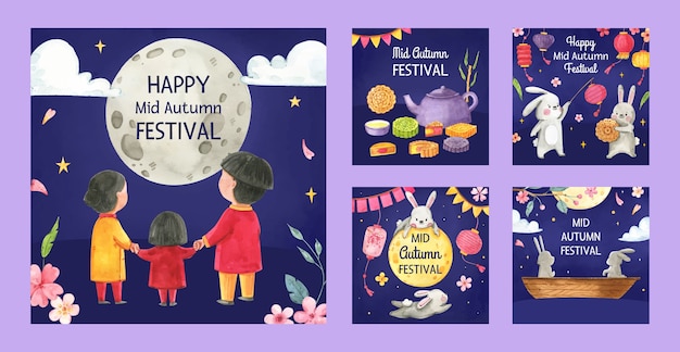 Watercolor instagram posts collection for mid-autumn festival celebration