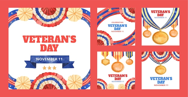 Watercolor instagram posts collection for usa veterans day holiday