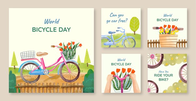 세계 자전거의 날 축하를 위한 수채화 인스타그램 게시물 모음