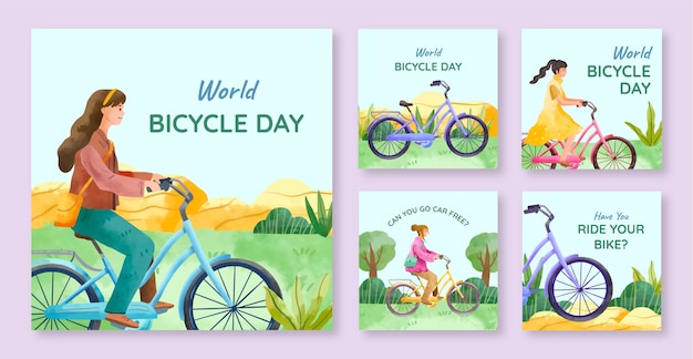 Watercolor instagram posts collection for world bicycle day celebration