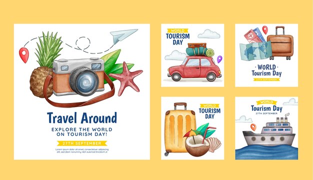 Watercolor instagram posts collection for world tourism day