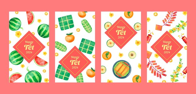 Watercolor instagram stories collection for tet new year celebration