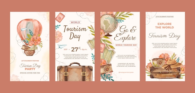 Watercolor instagram stories collection for world tourism day