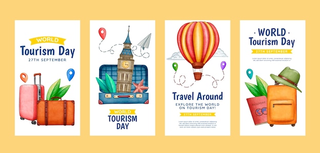 Free vector watercolor instagram stories collection for world tourism day