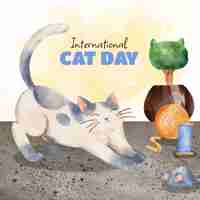 無料ベクター 猫とおもちゃで水彩の国際猫の日のイラスト