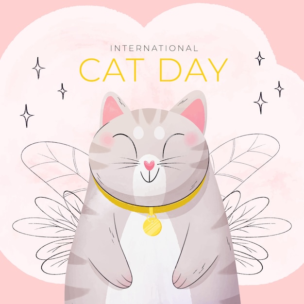 Watercolor international cat day illustration with cute cat