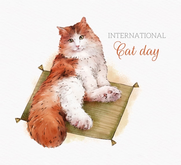 Watercolor international cat day illustration