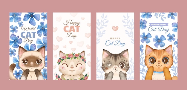 Watercolor international cat day instagram stories collection