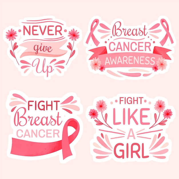 Vettore gratuito giornata internazionale dell'acquerello contro la raccolta di etichette scritte contro il cancro al seno