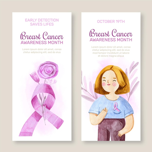 Watercolor international day against breast cancer vertical banners set