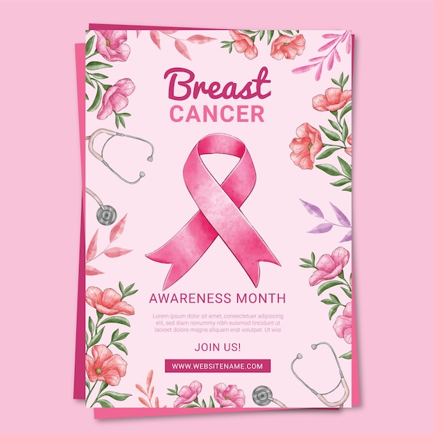 무료 벡터 유방암 수직 전단지 템플릿에 대한 수채화 국제의 날
