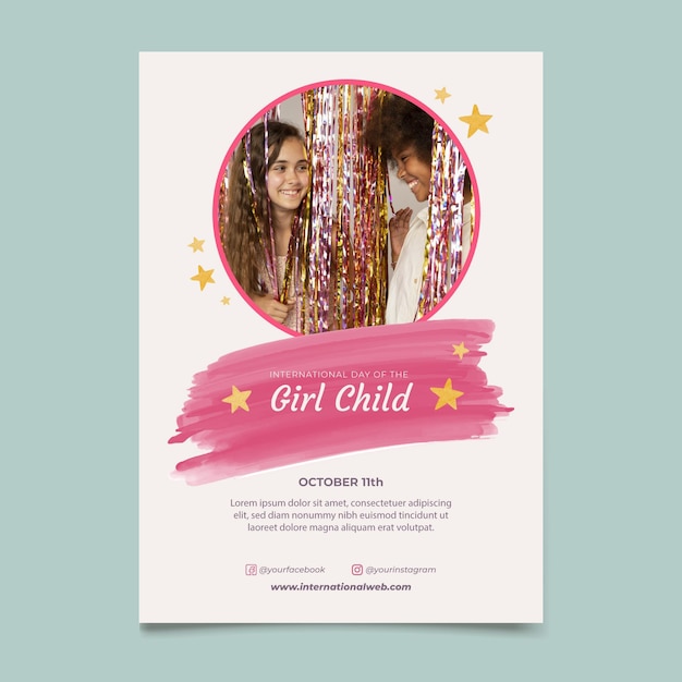 Бесплатное векторное изображение Акварель международный день девочек вертикальный шаблон плаката с фотографией