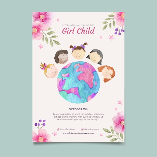여자 아이 세로 포스터 템플릿의 수채화 국제 날