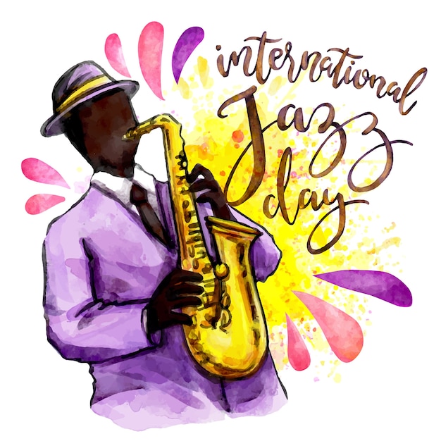 Бесплатное векторное изображение Акварельный международный день джаза с мужчиной, играющим на саксофоне
