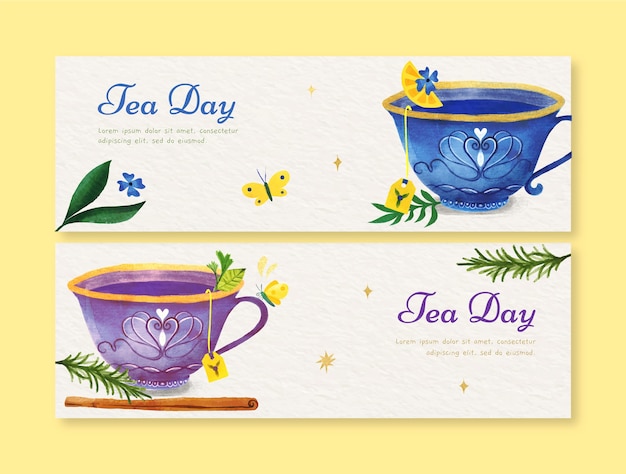 Free vector watercolor international tea day horizontal banners pack