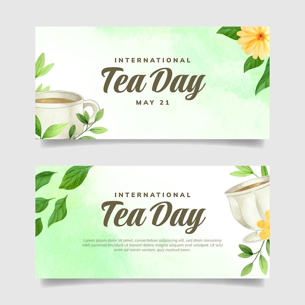 Free vector watercolor international tea day horizontal banners pack