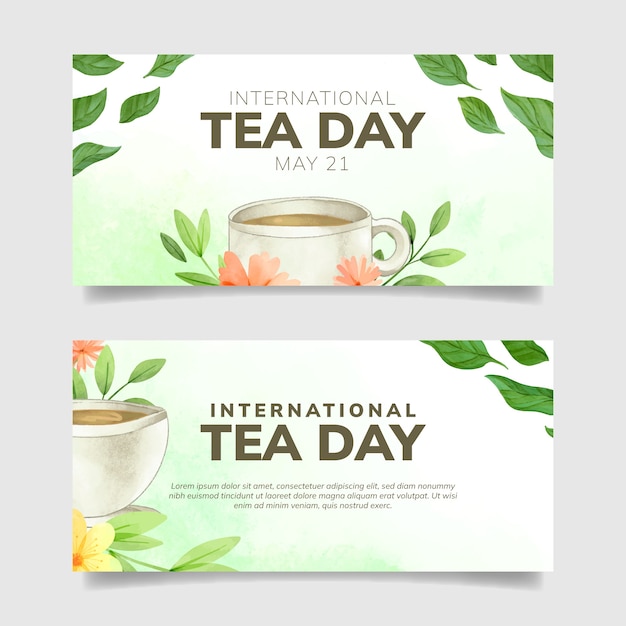 Watercolor international tea day horizontal banners pack