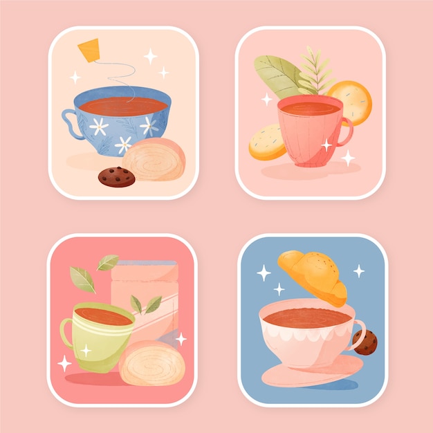 Free vector watercolor international tea day stickers collection