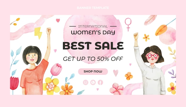 Акварель международный женский день распродажа горизонтальный баннер