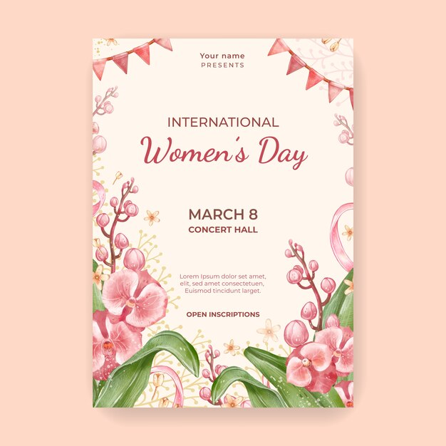 무료 벡터 국제 여성의 날 수채화 수직 포스터 템플릿