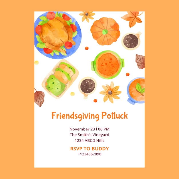 Free vector watercolor invitation template for friendsgiving day