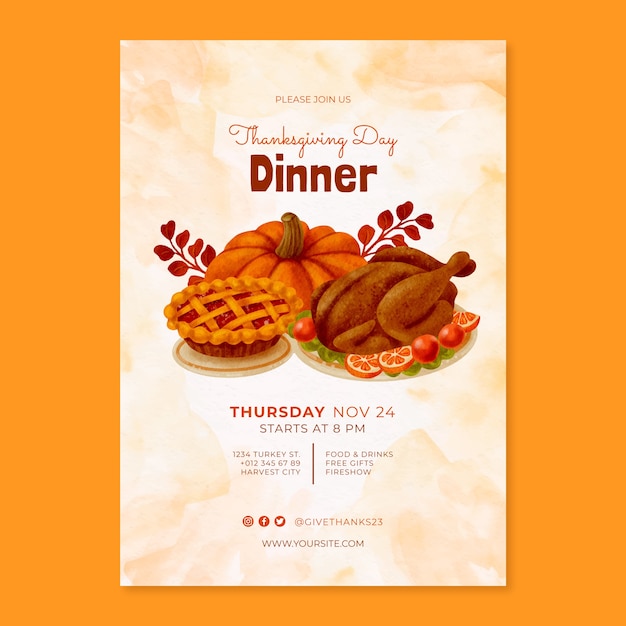 Free vector watercolor invitation template for thanksgiving celebration