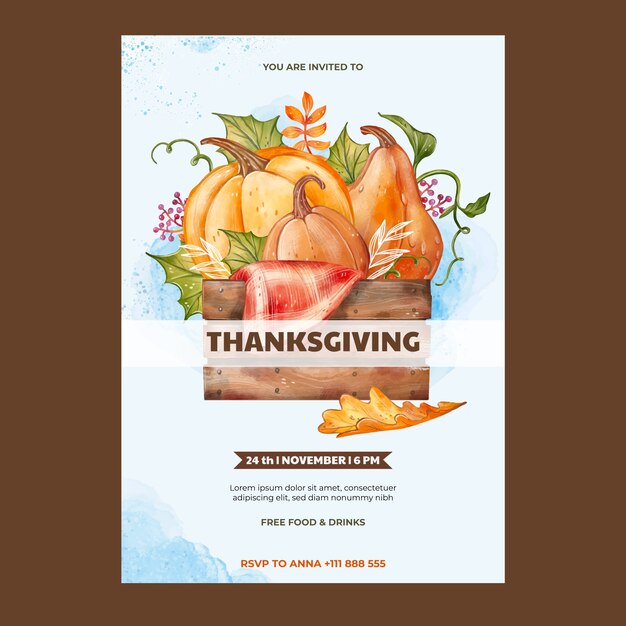Watercolor invitation template for thanksgiving celebration