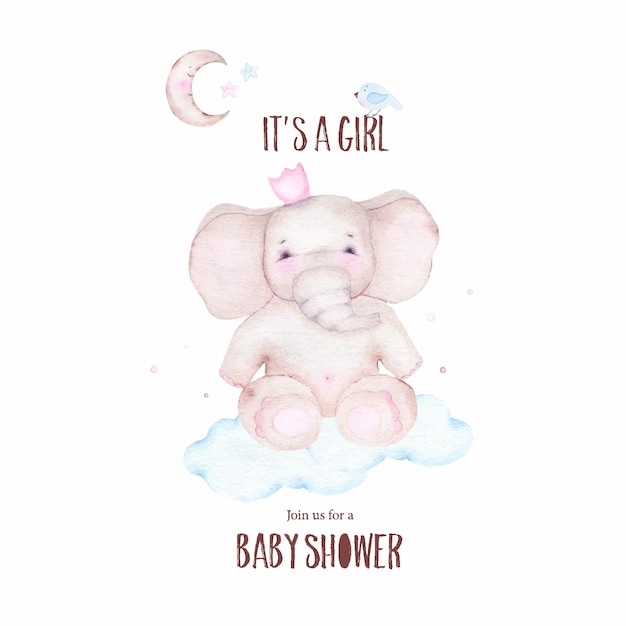 Watercolor it is girl baby shower with cute elephant