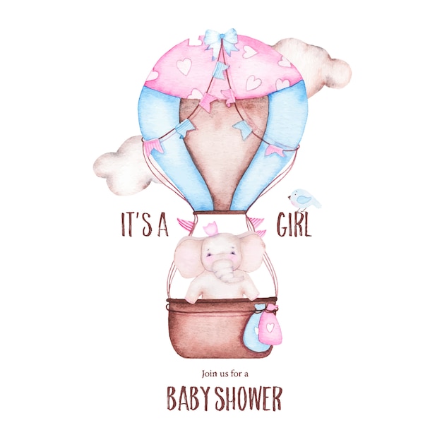 Watercolor it is girl baby shower with cute hot air balloon with elephant