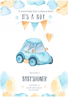 免费矢量水彩它的男婴淋浴可爱的蓝色汽车汽车花环