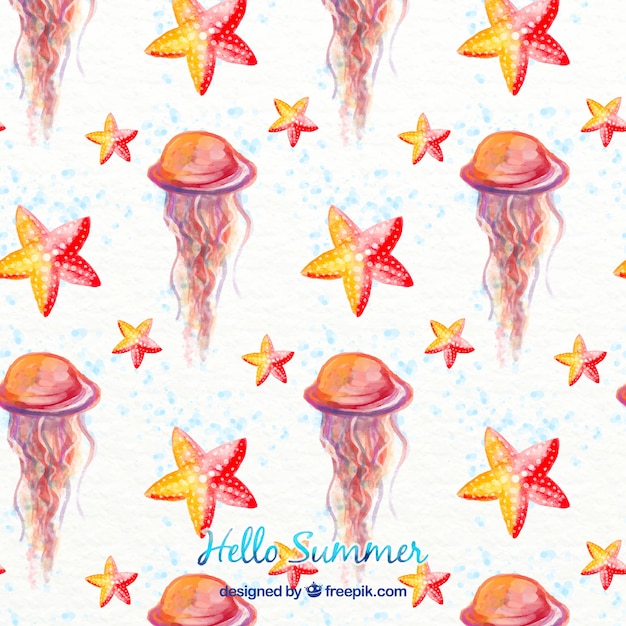 Watercolor jellyfishes and starfishes background