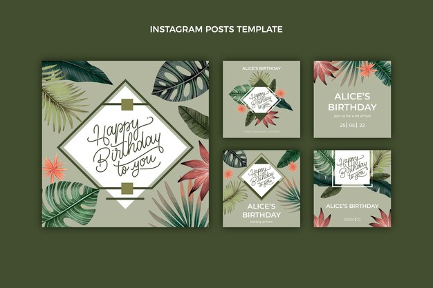 Watercolor jungle birthday party instagram posts collection