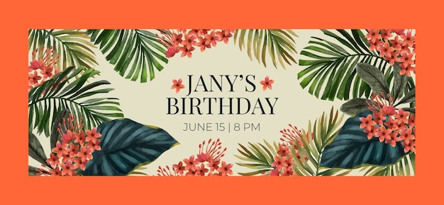 Watercolor jungle birthday party social media cover template