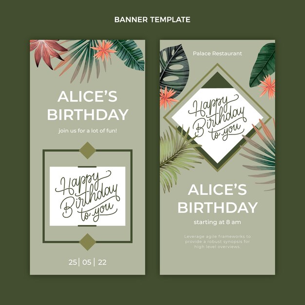 Watercolor jungle birthday party vertical banners set