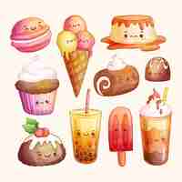 Free vector watercolor kawaii dessert set