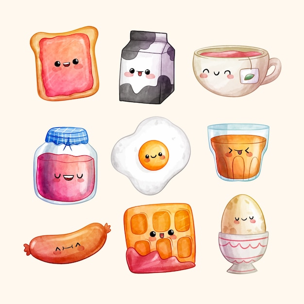 Free vector watercolor kawaii food set