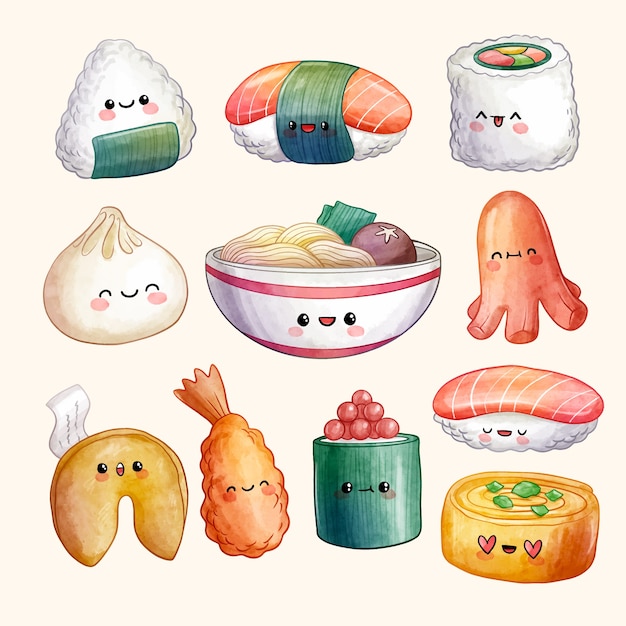 Free vector watercolor kawaii japanese food set