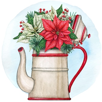 Watercolor kettle pot with poinsettia composition Premium Vector