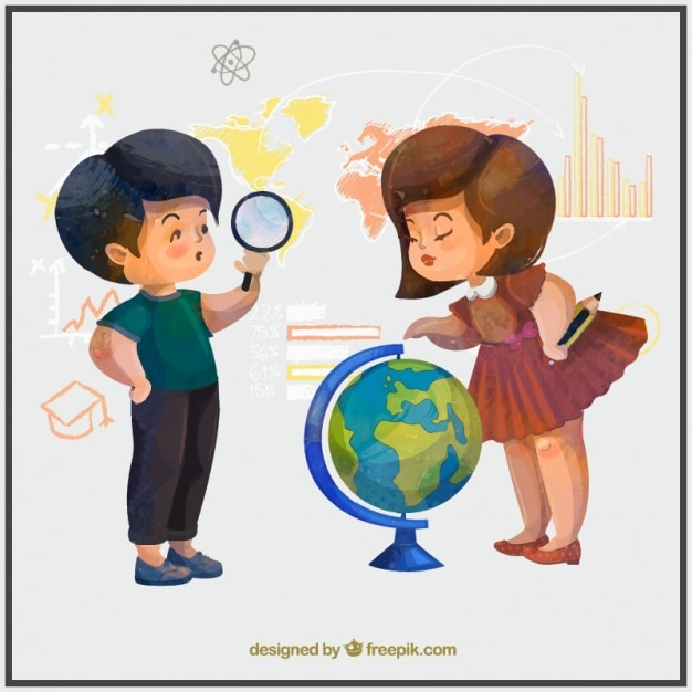 Free vector watercolor kids studying geography