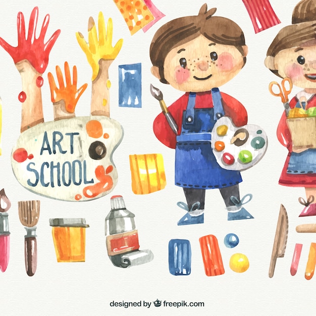 Watercolor kids with art school materials