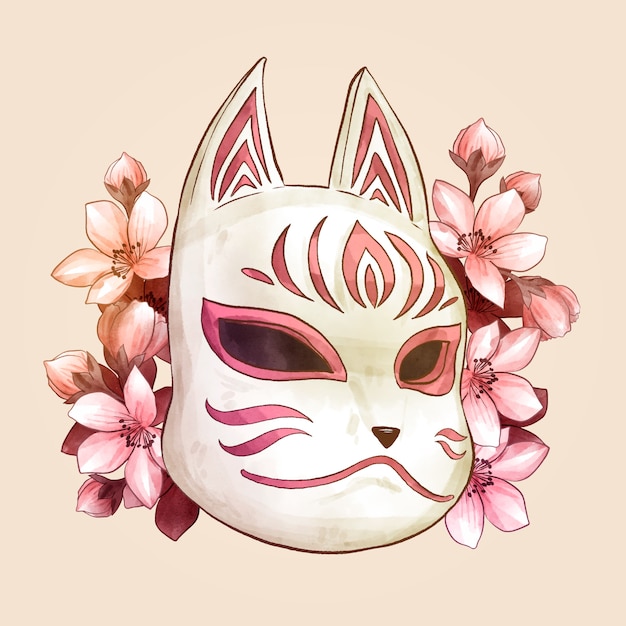 Watercolor kitsune mask illustration