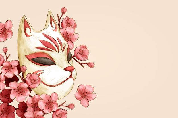 Illustrazione della maschera kitsune dell'acquerello