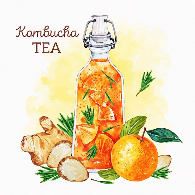 Watercolor kombucha tea illustration with ginger