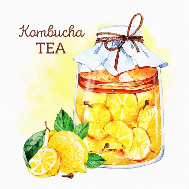 Illustrazione dell'acquerello del tè kombucha con i limoni