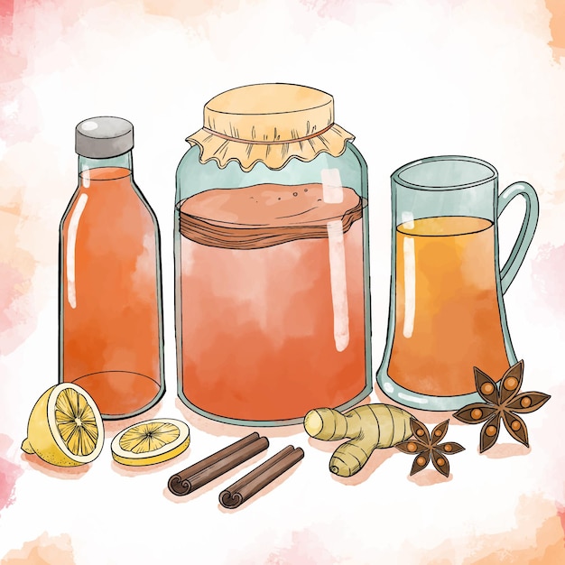 Watercolor kombucha tea illustration