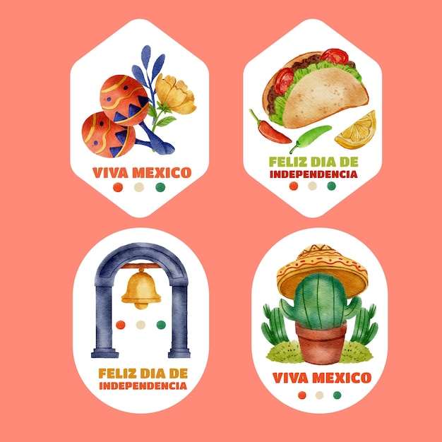 Free vector watercolor labels collection for mexico independence celebration